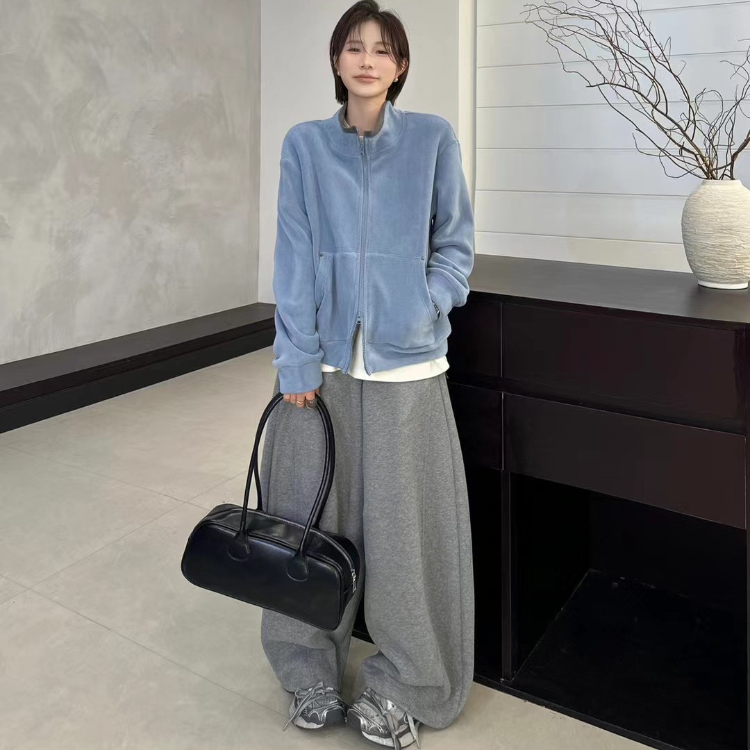 欧洲站2025运动通勤风立领拉链德绒短外套女宽松百搭休闲卫衣上衣