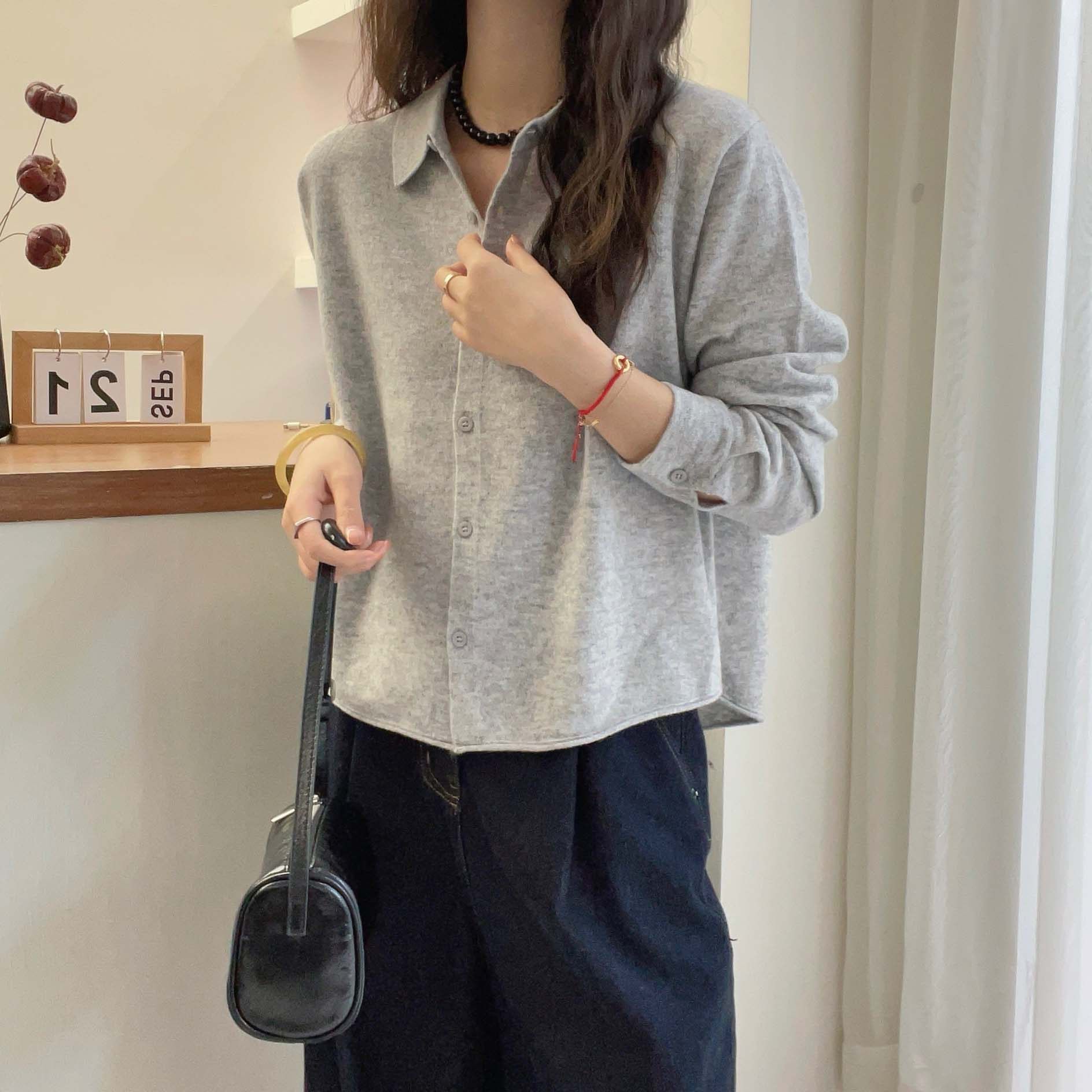 欧洲站2024秋装新款欧货Polo领潮全羊毛针织开衫女春秋毛衣外套女