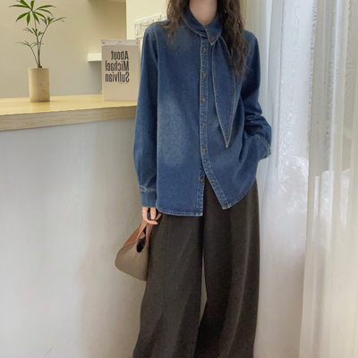 欧洲站2025冬装复古磨毛牛仔衬衫女翻领系带宽松显瘦百搭长袖上衣