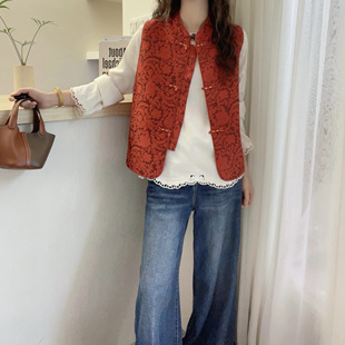 欧洲站新中式国风提花马甲女2025新款盘扣立领叠穿背心高级感上衣