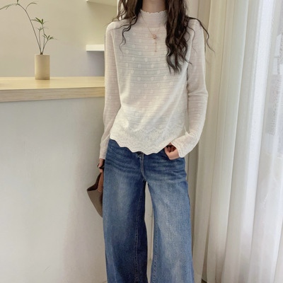 欧洲站2025秋装新款欧货高领羊毛针织衫女秋冬蕾丝打底衫上衣女潮