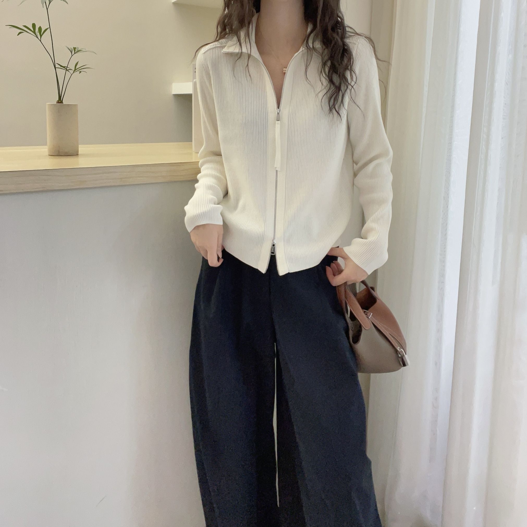 欧洲站2025秋季新款欧货潮翻领双拉链全羊毛针织开衫女宽松毛衣女