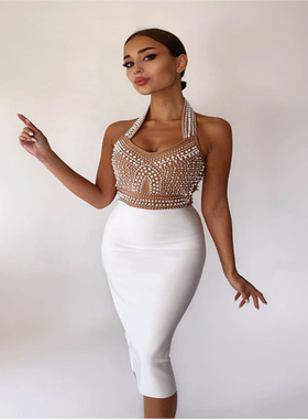 Sexy Bandage Party Dress XL XXL 露背挂脖绷带撞色钉珠连衣裙女