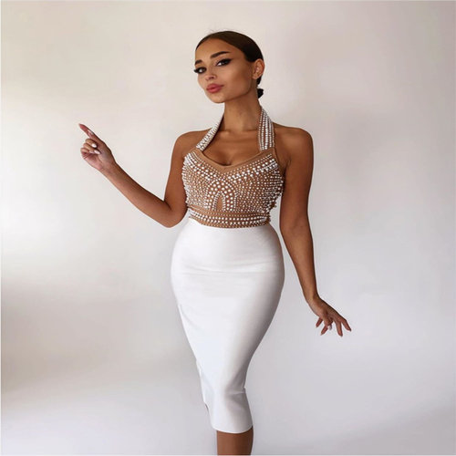 Sexy Bandage Party Dress XL XXL 露背挂脖绷带撞色钉珠连衣裙女