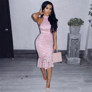 优雅鱼尾裙粉色蕾丝绷带修身 dress 显身材一字肩连衣裙bandage