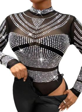 black Bodycon Crystal Long Sleeve Diamond Sexy Bodysuit