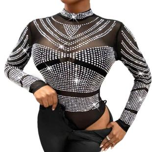 Long Crystal Sleeve Diamond Bodysuit black Sexy Bodycon