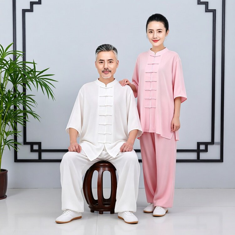 夏季纯棉薄透气宽松短袖太极服男女新款练功武术健身晨练套装上衣