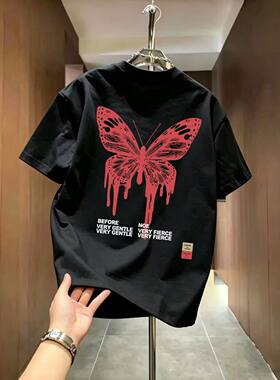 100%纯棉短袖t恤男女夏季爆款围脖字母设计感印花高级情侣上衣潮