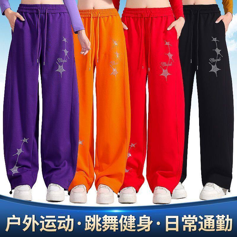 广场舞新款高腰抽绳烫钻阔腿裤