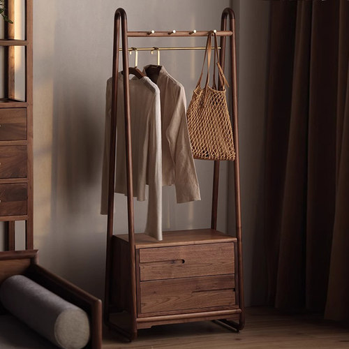 北美黑胡桃木衣帽架卧室家具实木落地挂衣架新中式收纳衣服置物架