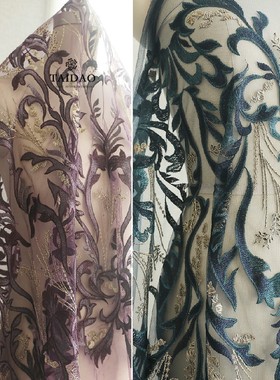 宫廷风墨绿色金线刺绣蕾丝c2紫色汉服古装衣裙辅料设计师绣花布料