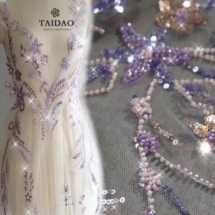 前胸装饰组花z105紫色重工钉珠花朵刺绣多用蕾丝辅料礼服彩色面料