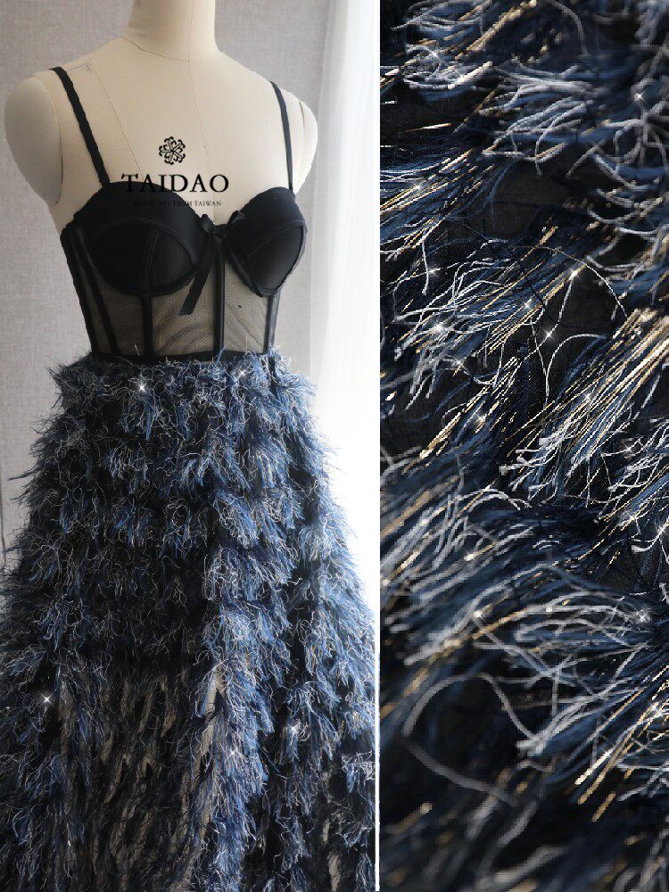 蓝色鎏金立体流苏飘逸羽毛g19蛋糕裙演出服t台秀服装设计师面料