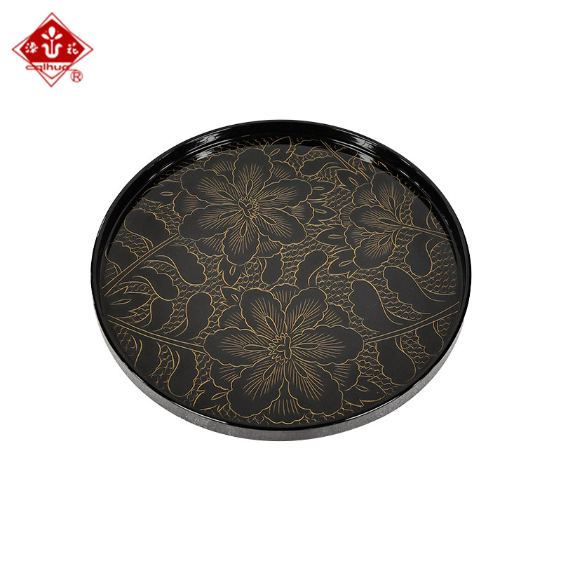 扬州漆器厂黑色花卉图案圆形雕填漆器托盘金线勾勒精致果子钵圆盘
