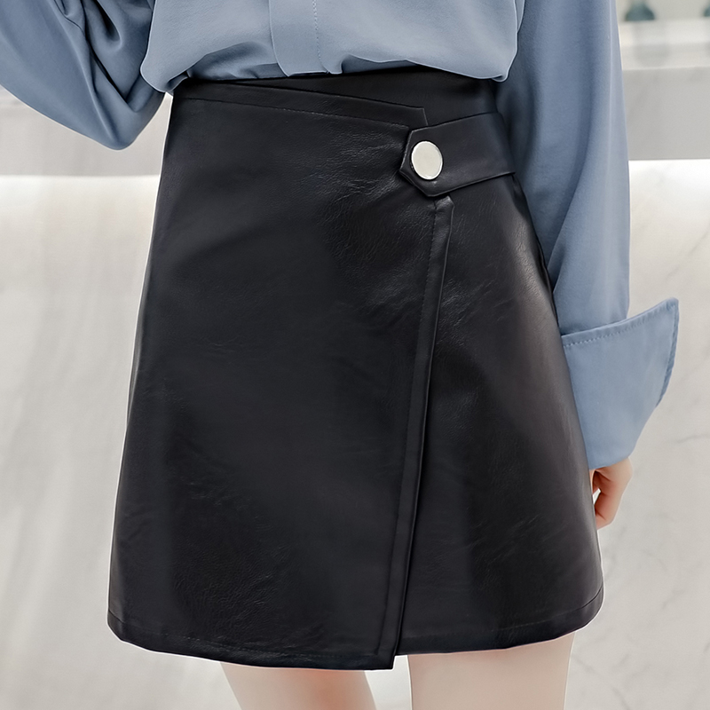 chic防走光不规则高腰pu皮裙2018新款秋冬半身裙单扣a字裤裙女
