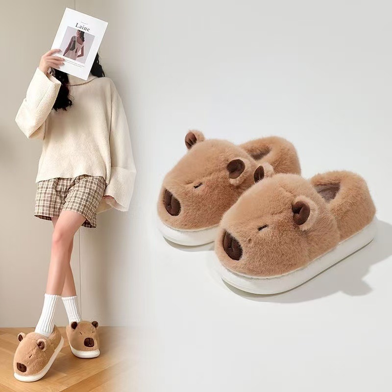 卡皮巴拉棉鞋女居家棉拖鞋女加绒棉拖鞋男保暖鞋月子鞋女包头拖