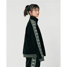 欧美hiphop串标宽松潮牌墨绿色丝绒上衣 复古鹅绒运动嘻哈夹克女