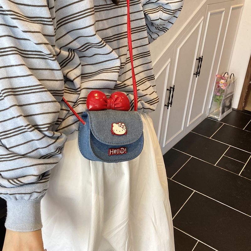 蝴蝶結半圓貓咪可愛卡通牛仔包
