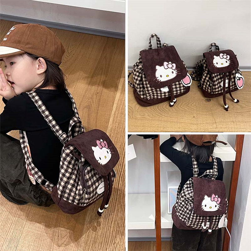 秋冬复古格子Hello Kitty猫咪迷你抽绳小背包女童亲子出游双肩包