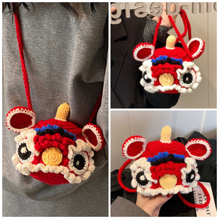 2026新款国风红包女醒狮单肩斜挎包毛线针织纯手工成品diy卡通包