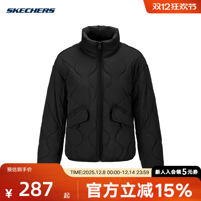 Skechers斯凯奇黑色棉衣女装冬季外套立领保暖棉服 L425W077/0018