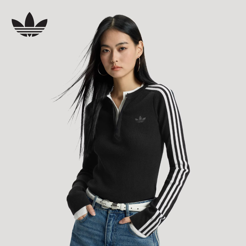 阿迪达斯三叶草假两件内搭运动修身圆领针织衫2026春女毛衣KS5