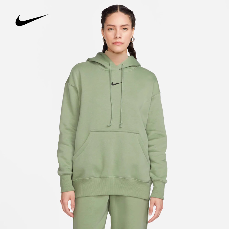 Nike耐克油绿色卫衣2024春季女新款加绒保暖连帽套头衫DQ5861-386