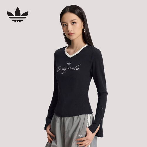 adidas阿迪达斯三叶草休闲针织V领运动上衣26春女长袖T恤 KS2381