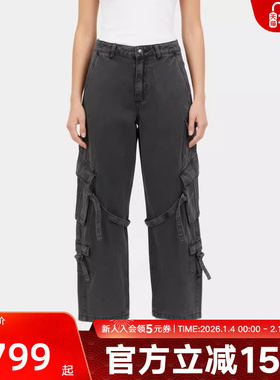 阿迪达斯三叶草2026年新款女工装风牛仔裤多口袋直筒长裤 KU9535