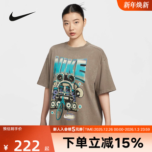 214 HF9692 NIKE耐克女T恤夏宽松做旧棉质印花紫色短袖 运动针织衫