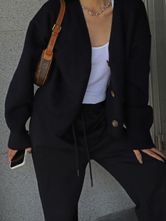 THELITT 欧美宽松版型慵懒时髦绵羊毛开衫黑色针织显瘦毛衣ins