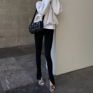THELITTkendall同款黑色显瘦高腰内开叉弹力紧身休闲裤大长腿春夏