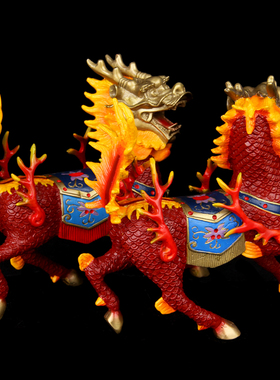 火麒麟回首一对纯铜摆件八卦彩绘麒麟客厅办公室开业礼物