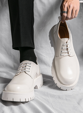 白色小皮鞋男夏秋款英伦厚底内增高休闲鞋男士商务圆头西装小白鞋