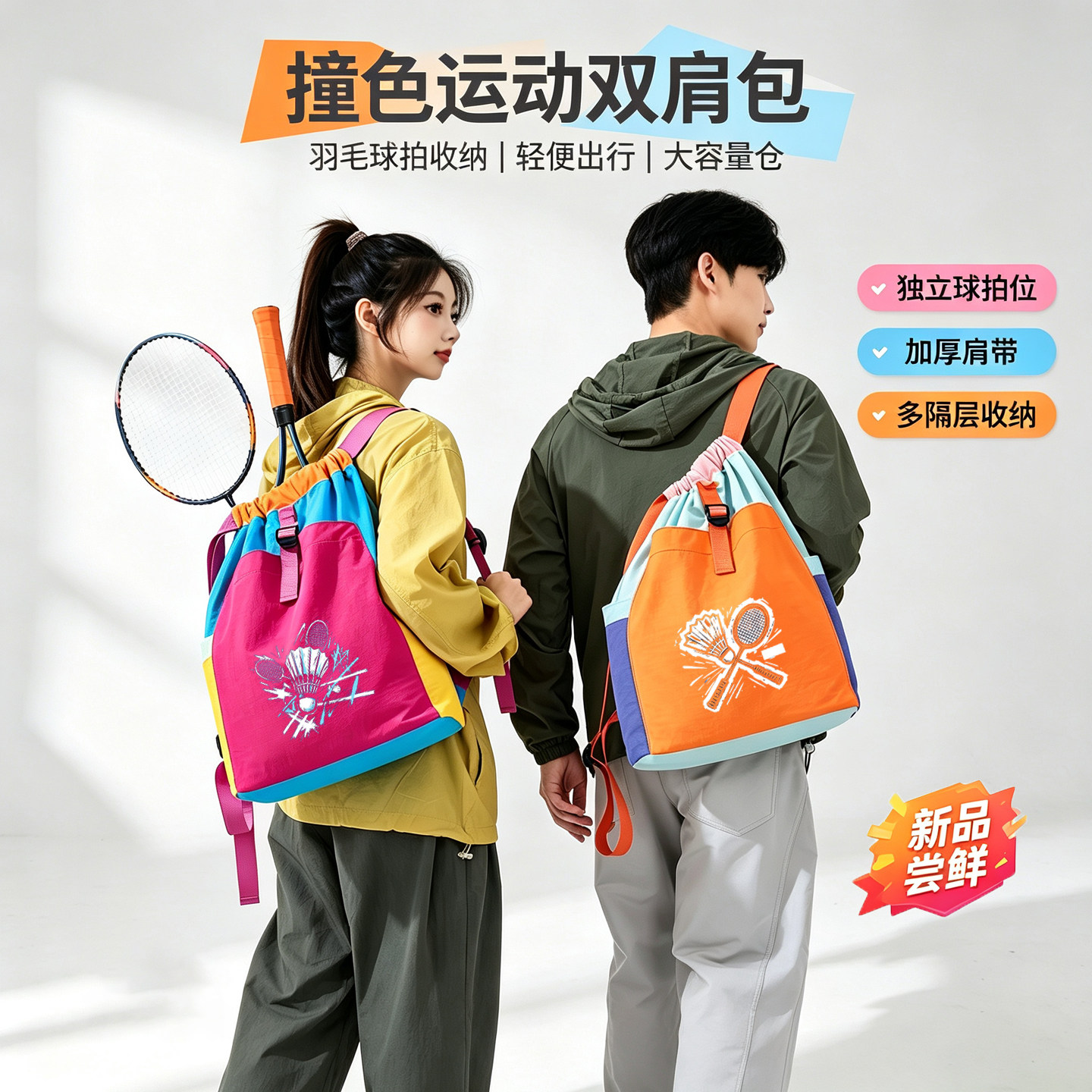多巴胺撞色羽毛球双肩包大容量包