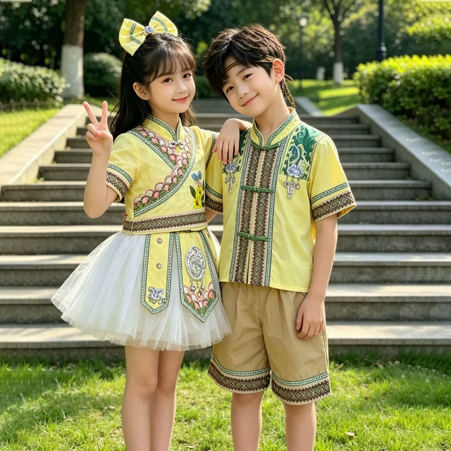 儿童演出服少数民族男女童夏季风纱裙壮族苗族彝族土家族舞蹈服装图片