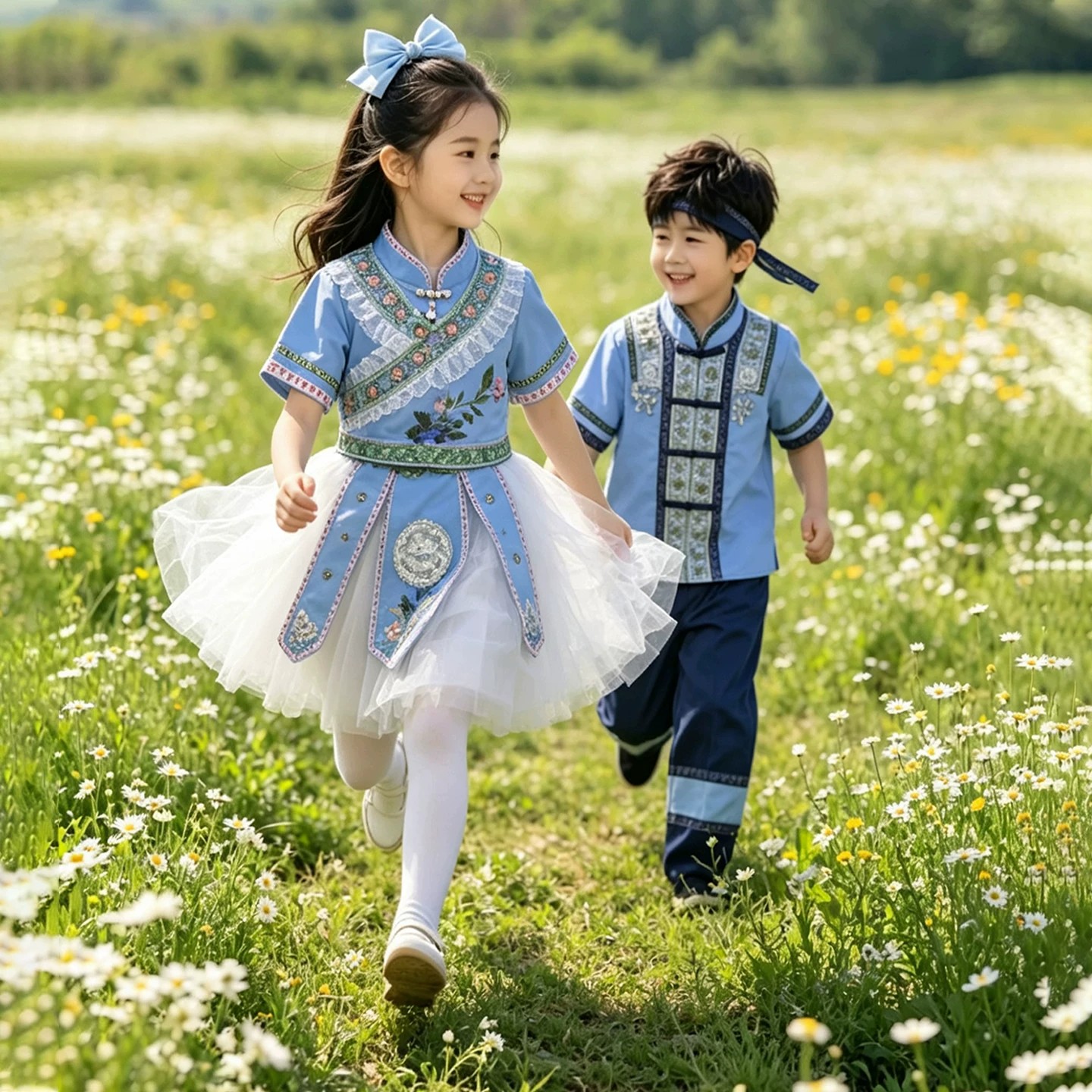 节日少数民族儿童演出服男女童夏装风纱裙蓬蓬裙壮族苗族舞蹈服装图片