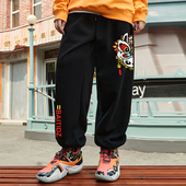 子男生休闲裤 卫裤 国潮oversize醒狮秋冬季 裤 黑色宽松加绒男裤 保暖