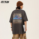 上衣半袖 T恤男潮高级感涂鸦纯棉大码 复古夏日山海与日出短袖 美式