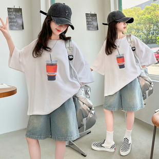 韩版女童短袖T恤夏季宽松圆领印花上衣百搭休闲白色常规款