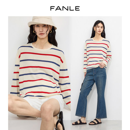 FANLE STUDIOS夏季减龄显白彩虹条亚麻棉透气亲肤薄款防晒针织衫T