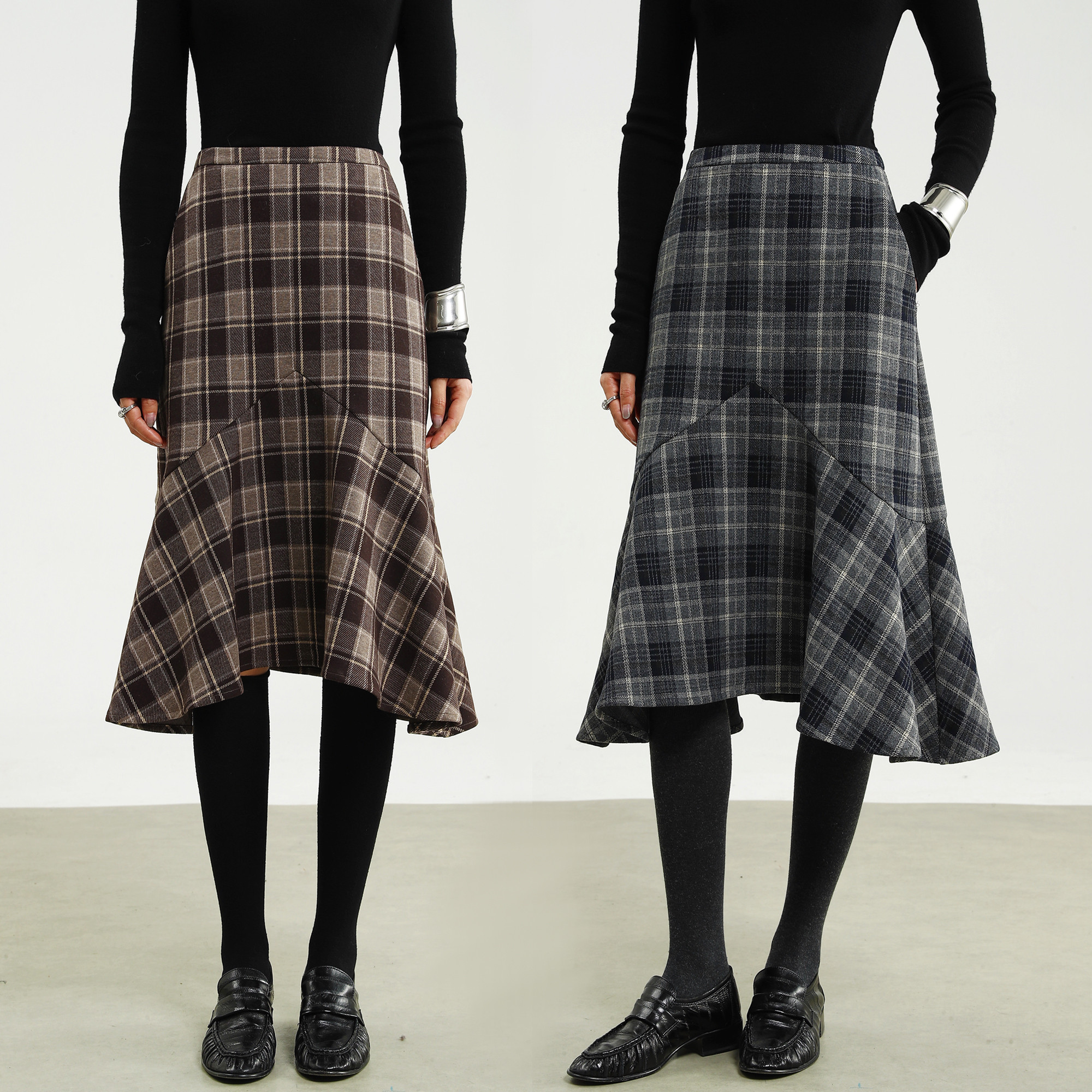 羊毛格子半身裙a字中长款复古