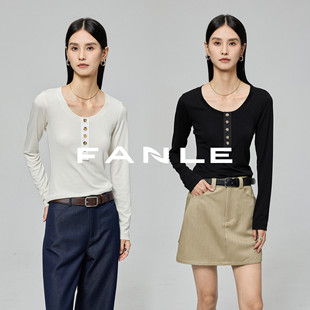 天丝羊毛显瘦大U领单排扣打底长袖 重磅 T恤上衣 STUDIOS FANLE