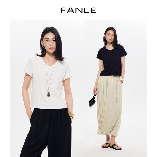 FANLE STUDIOS及简百搭高密铜氨棉麻感风吸湿透气V领卷边短袖T恤