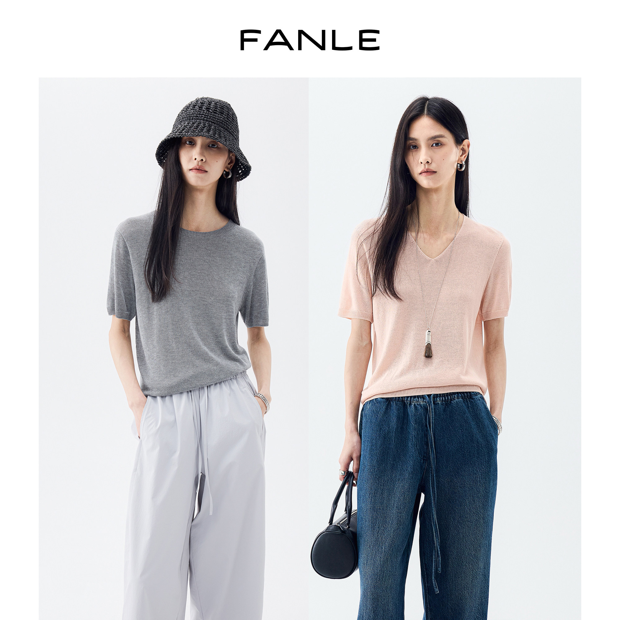 FANLE STUDIOS夏日通勤凉感舒爽莱赛尔亚麻混纺V领/圆领针织短袖
