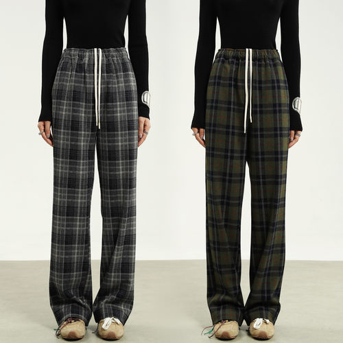 时尚高腰抽绳格纹阔腿裤