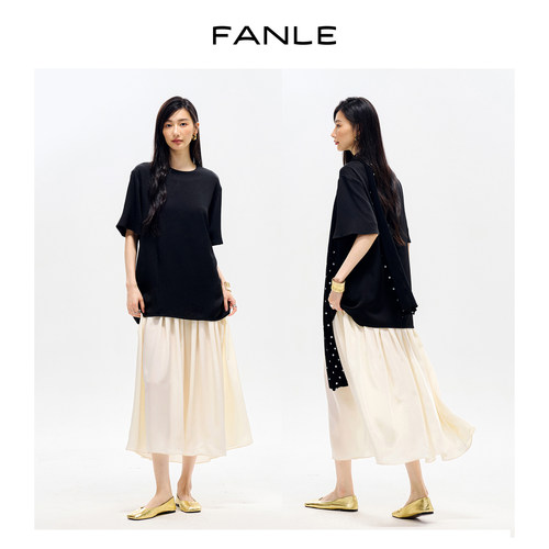 FANLE STUDIOS醋酸真丝假两件拼接轻盈飘逸随性松弛感短袖连衣裙