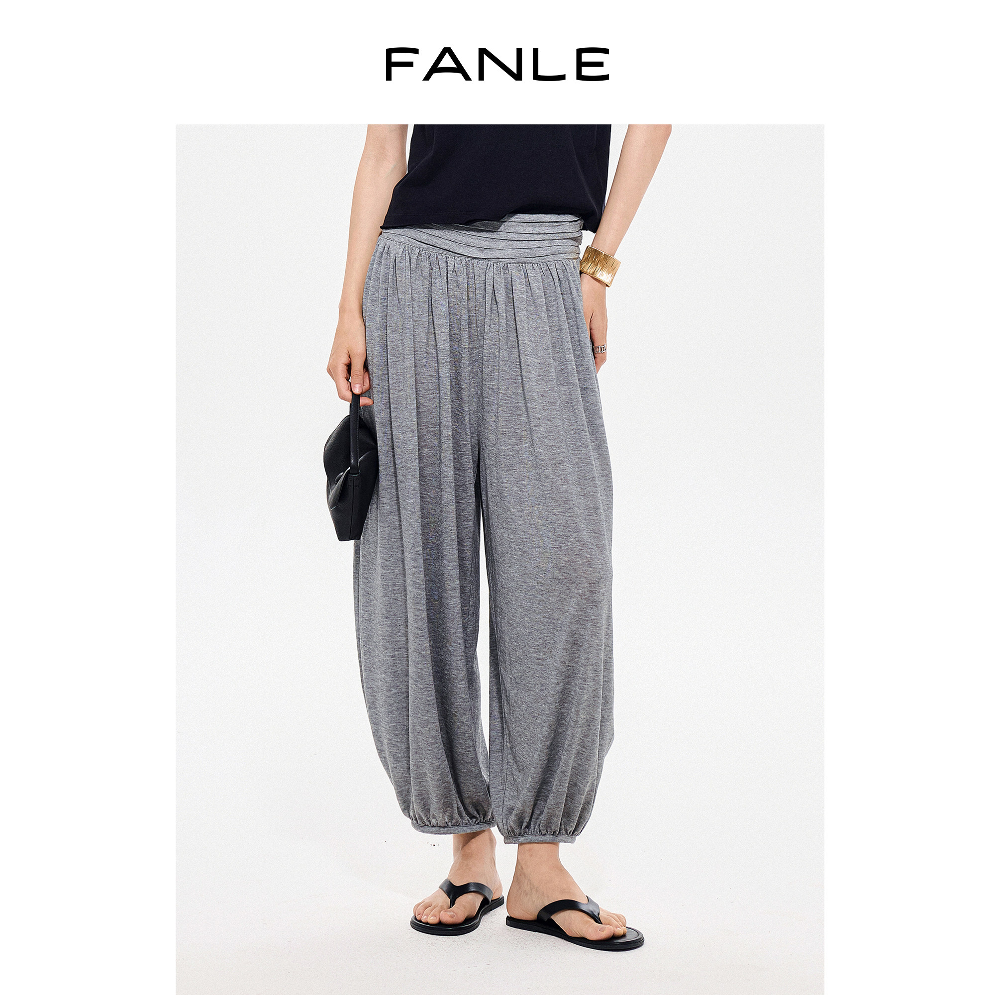 FANLE STUDIOS醋酸莱赛尔轻薄垂坠藏肉显瘦宽腰堆褶九分灯笼裤图片