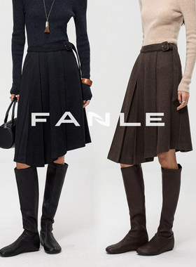 FANLE STUDIOS醋酸羊毛加厚保暖羊毛不对称一片式系带中裙百褶裙